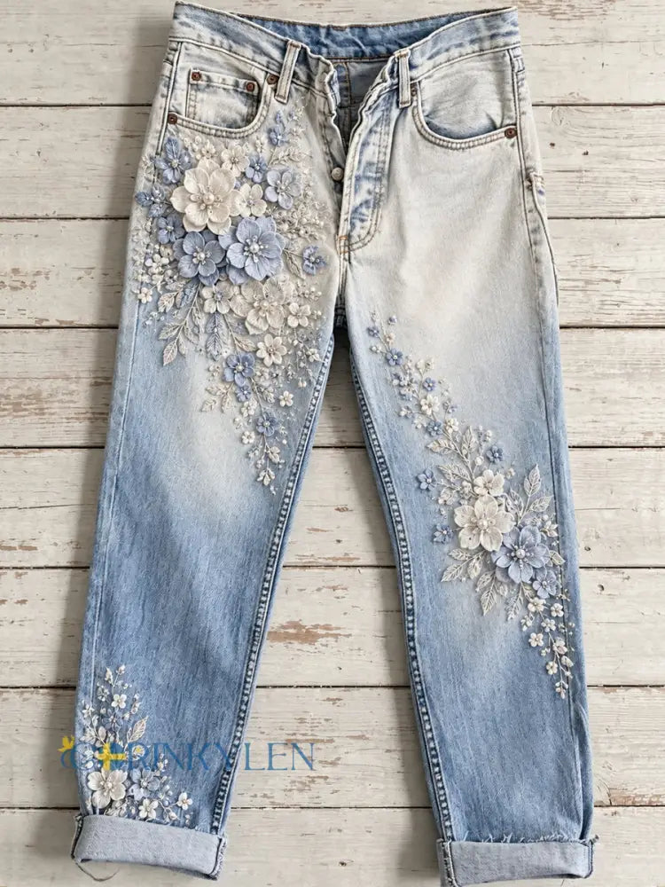 Jeans med blommigt konsttryck för kvinnor - blå / S