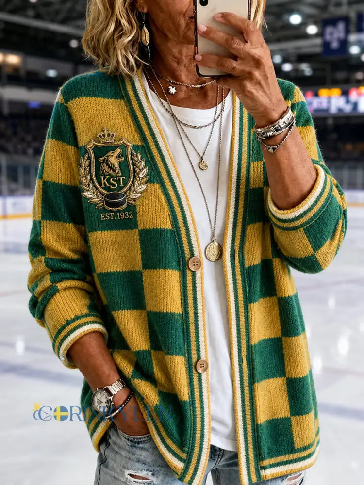 Karlstad Green & White Hockey Heritage Checkered Cardigan - som bild / S