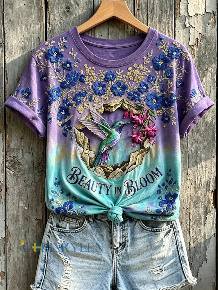 Kvinnas skönhet Bloom Hummingbird Floral Skriv ut kortärmad T-shirt - mörkt / S