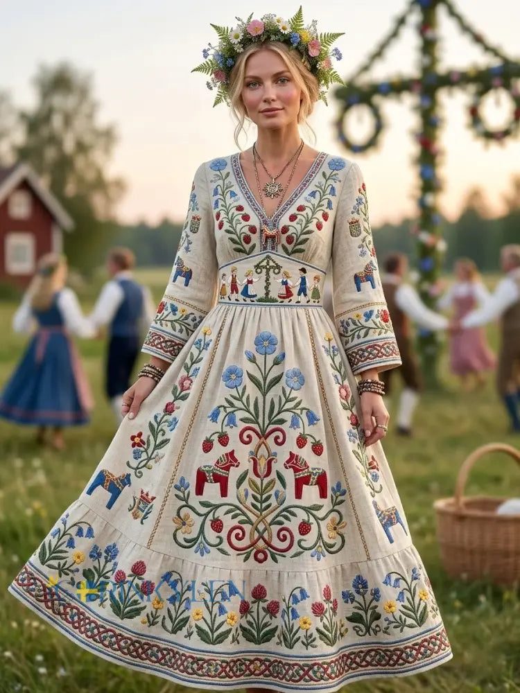 Kvinner Retro Svensk Midsommer Folk Floral Bomull-Lin Hodelse - Apricot / S