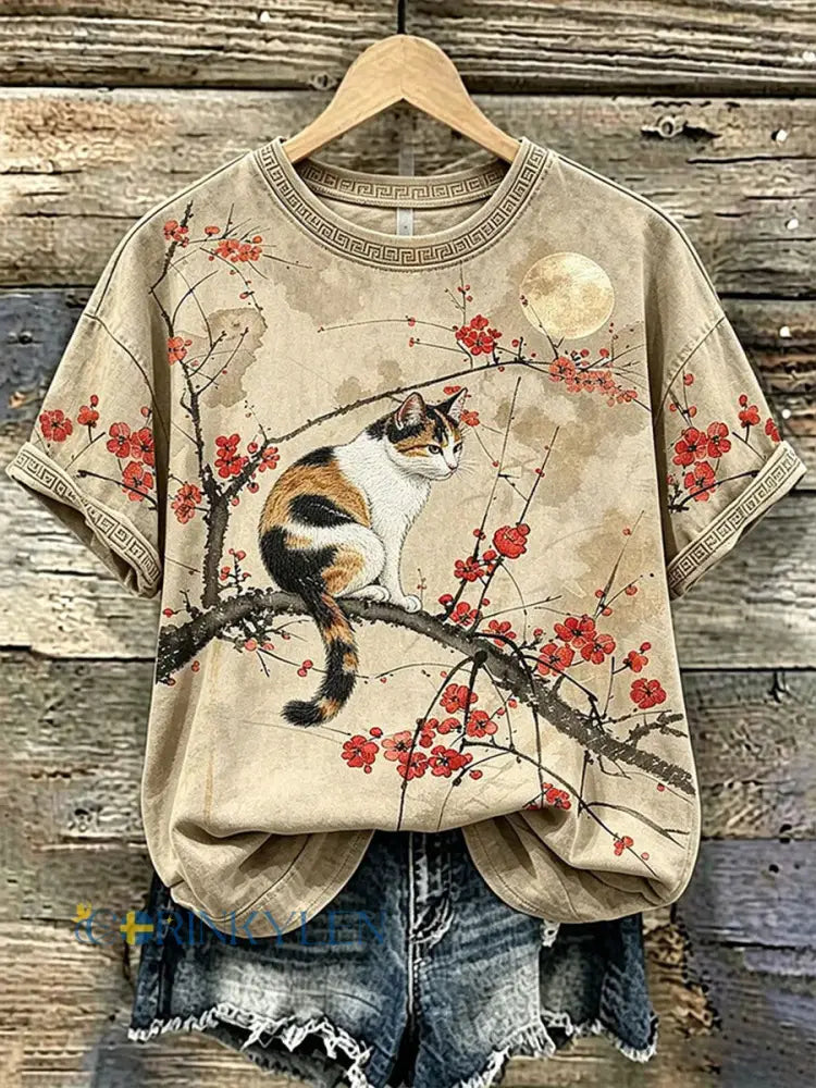 Kvinnlig ledig t-shirt med brodyr och tryck av katt och djur - som bild / S