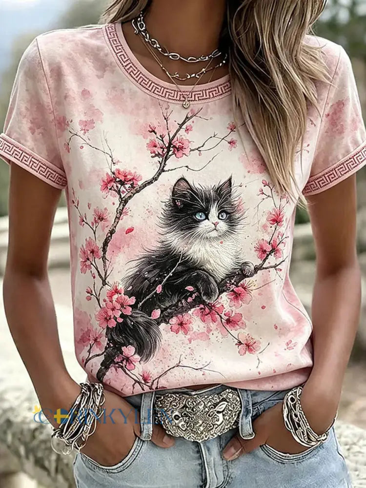 Kvinnlig ledig t-shirt med brodyr och tryck av katt och djur - som bild / S
