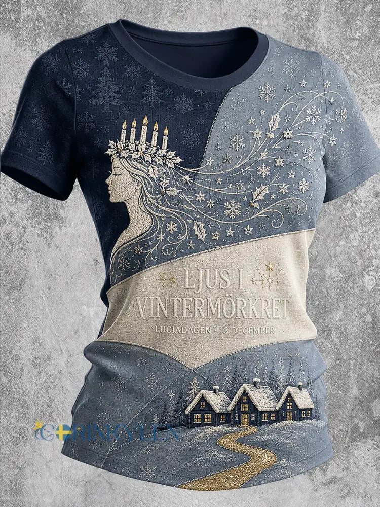 Kvinnlig lucialjusprintad vintage-mode lös t-shirt med kort ärm - vit- blå / S