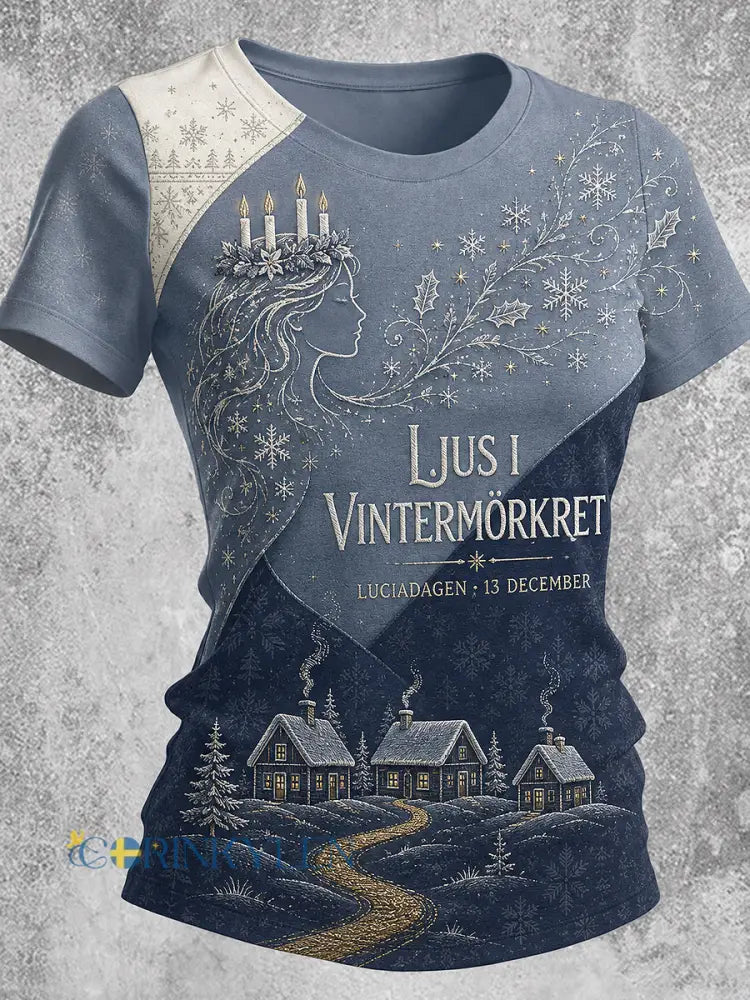 Kvinnlig lucialjusprintad vintage-mode lös t-shirt med kort ärm - vit- blå / S