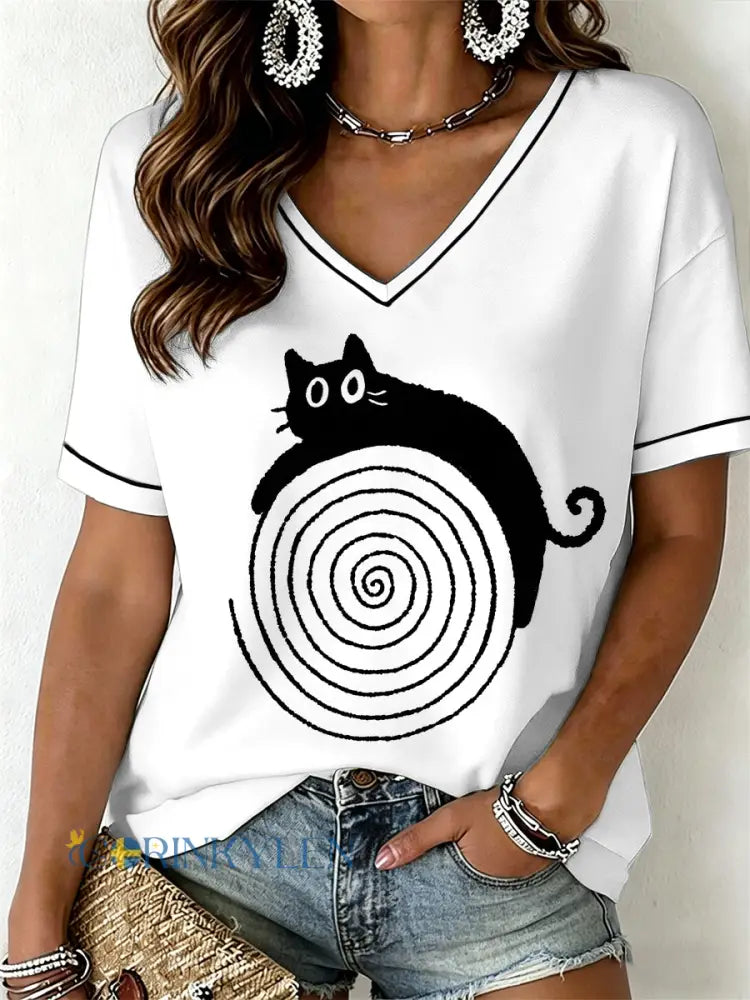 Kvinnlig rolig katt T-shirt med V-ringning - vitt / S