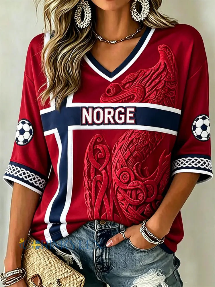 Kvinnlig vikingelement T-shirt med färgblockdesign avslappnad stil halvlånga ärmar och V-ringning - röd / S