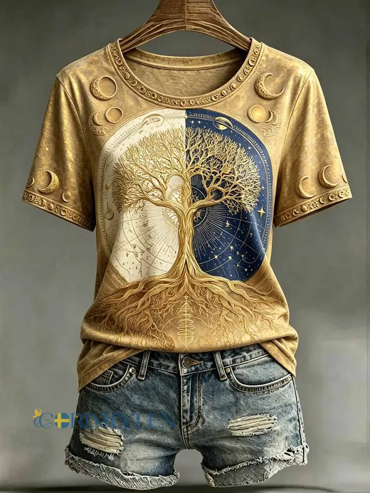 Kvinnlig vintage T-shirt med Livets träd och stjärntecken - som bild / S