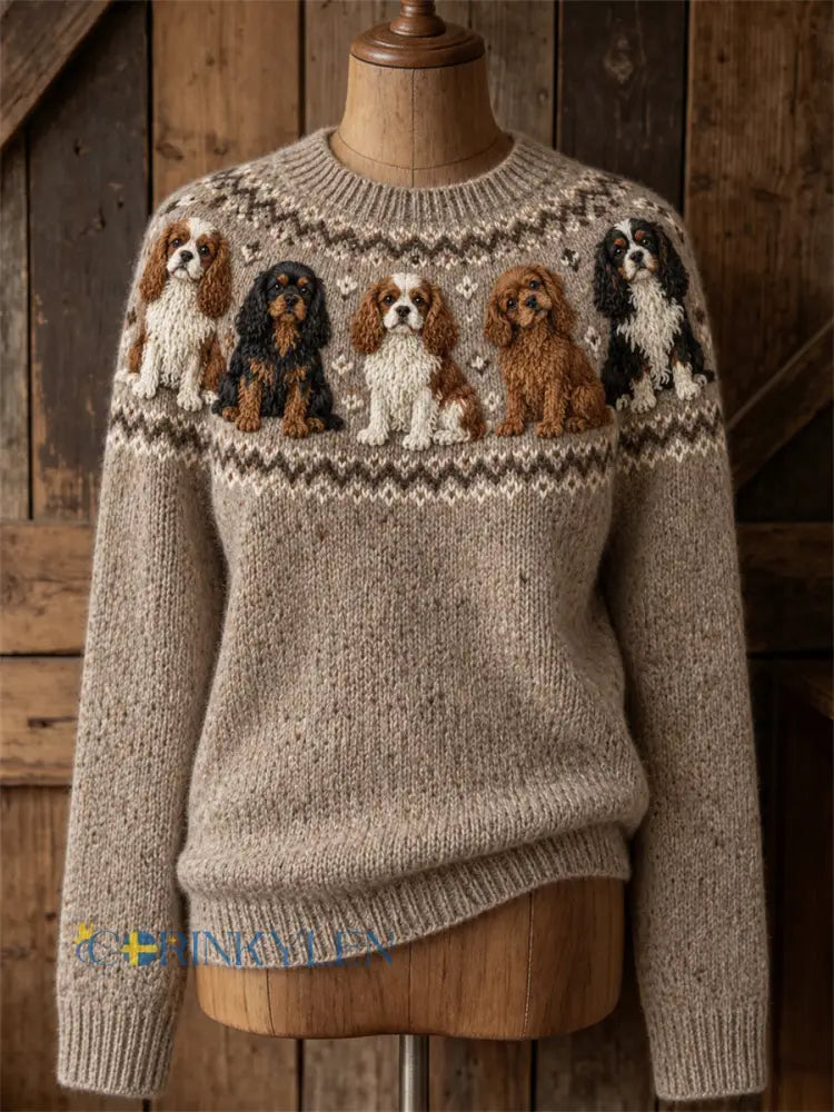 Kvinnlig vintage tröja med Cavalier King Charles Spaniel-mönster och omlottstycke mysig rund halsringning - Khaki / S