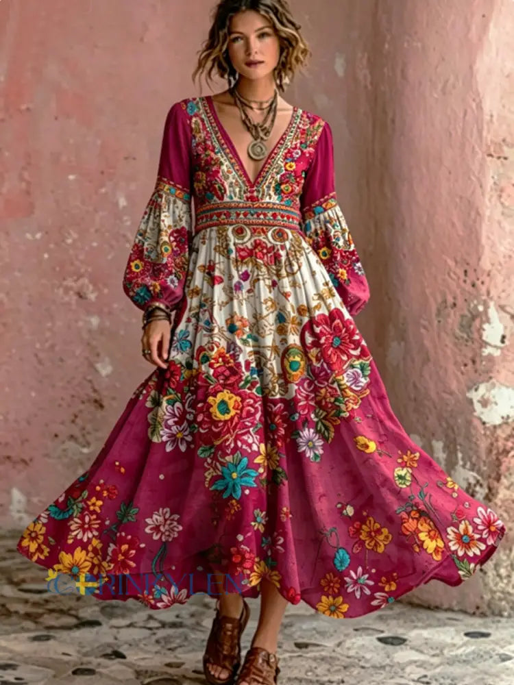 Kvinnor Bohemian Blomsterbroderier konst V-hals Elegant Chic Loose Lång ärm Maxi Klänning - runk / S