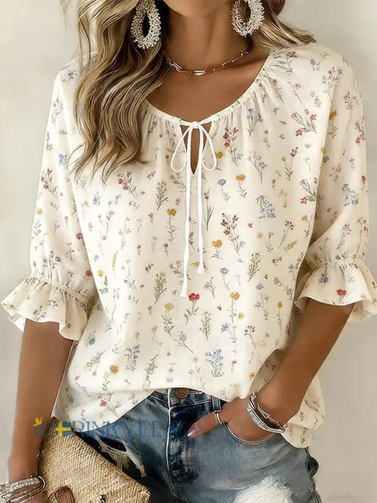 Kvinnor Casual Elegant Floral Print Casual Halv-ärm skjorta - kränk-vitt / S