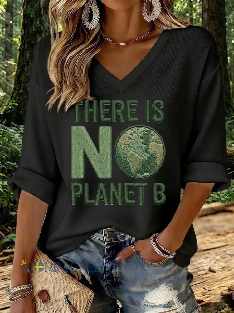 Kvinnor finns ingen planet B tryckt våffel T-shirt - svart / S