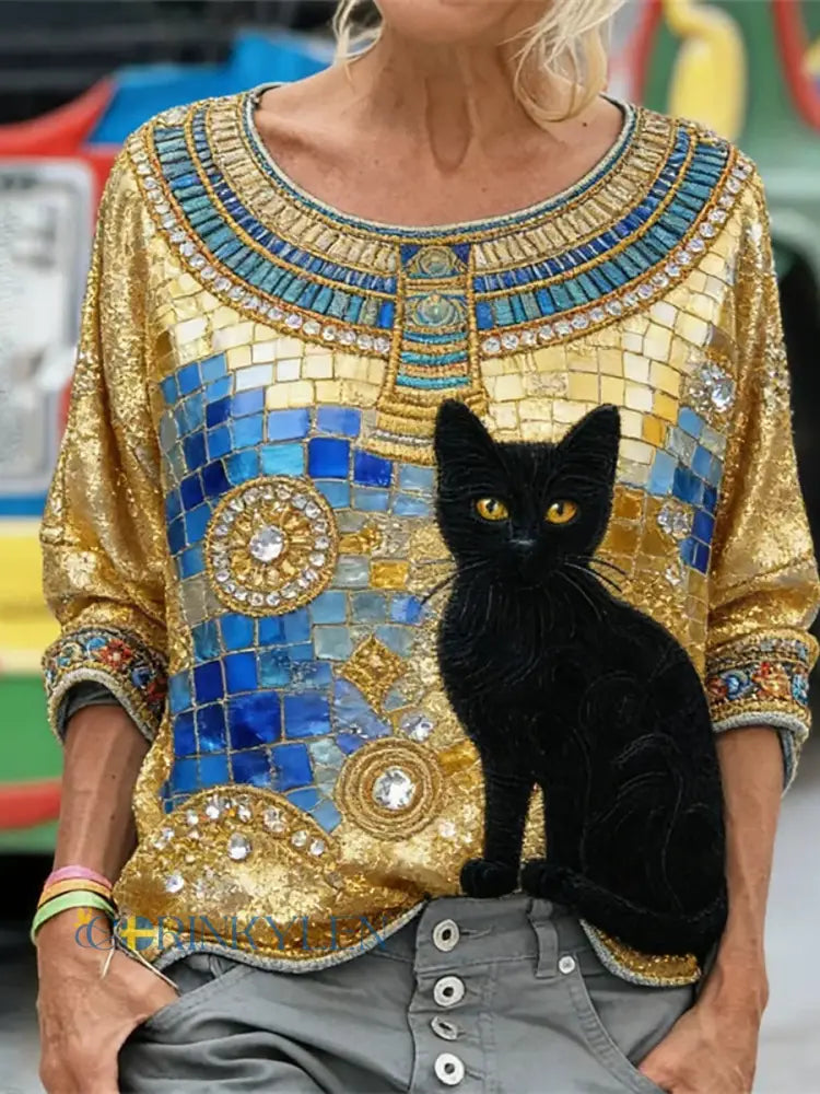 Kvinnor Glitter svart katt konst lång ärm lösa-passade tröjar - som bild / S