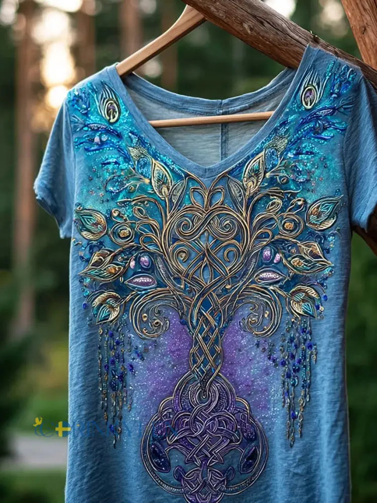 Kvinnor Retro Nordic Mytologi Viking Mönster Tryckt T-shirt - Peacock blå / S