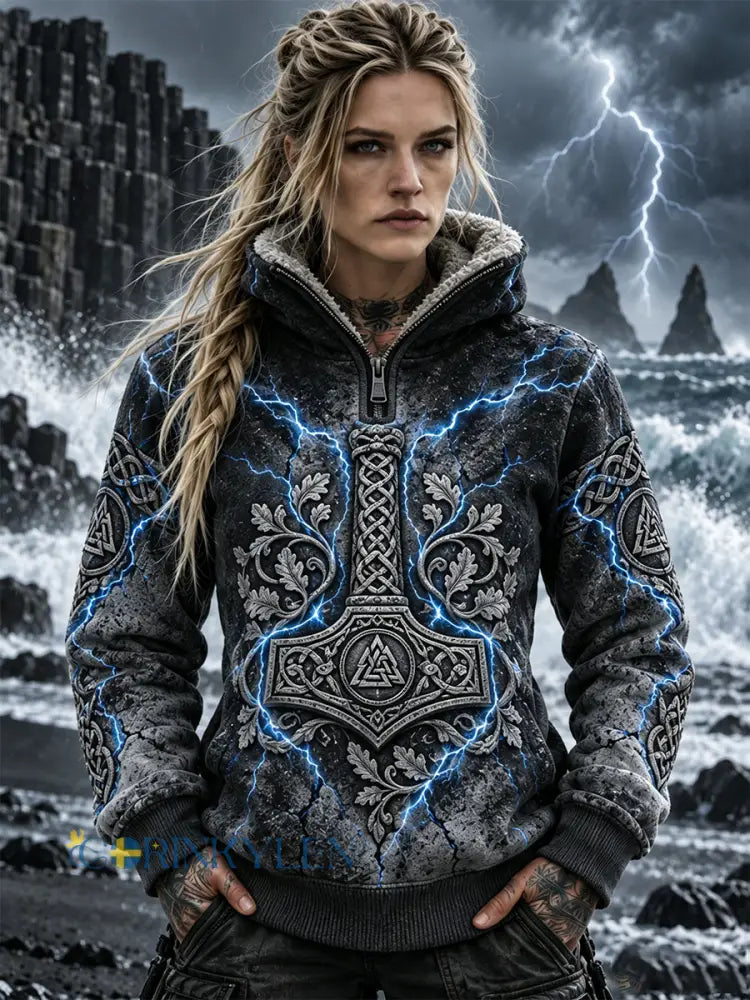 Kvinnor Retro Nordic Viking Fleece-Lined Zipper Sweatshirt - svart / S