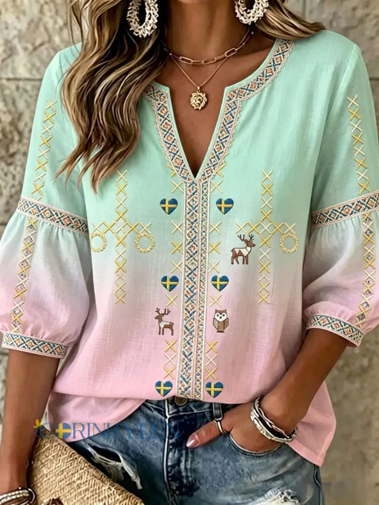 Kvinnor Retro Svenska midsommar Folk Floral Bomull-Linen Blus - ljusgrön / S