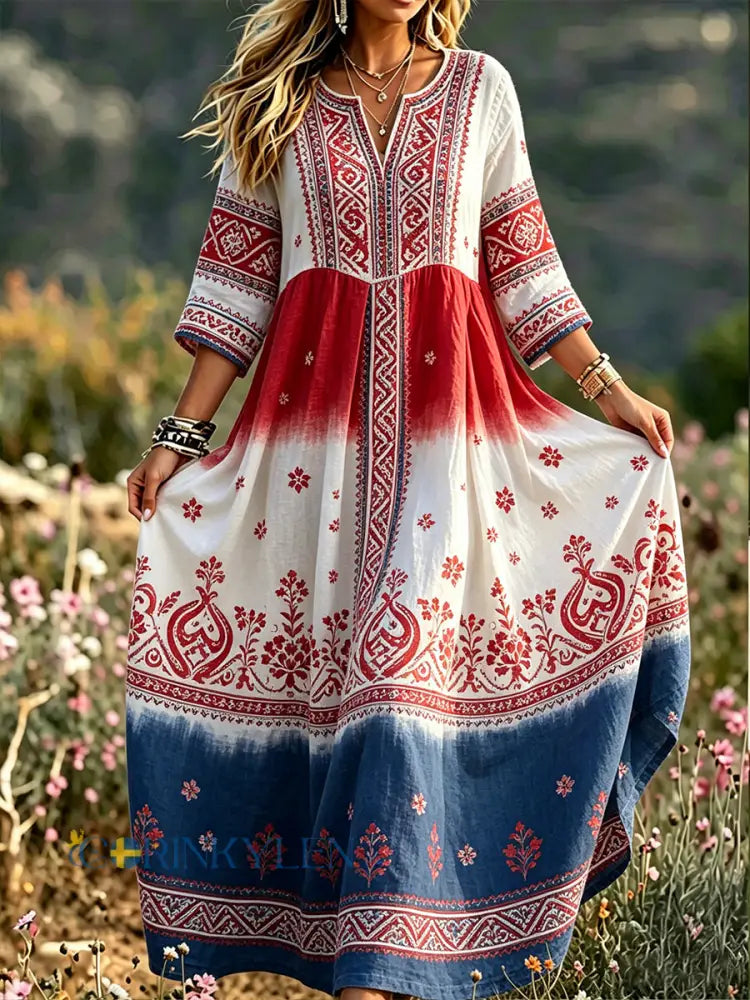 Kvinnor Retro Viking Floral Print Casual Klänning - A / S