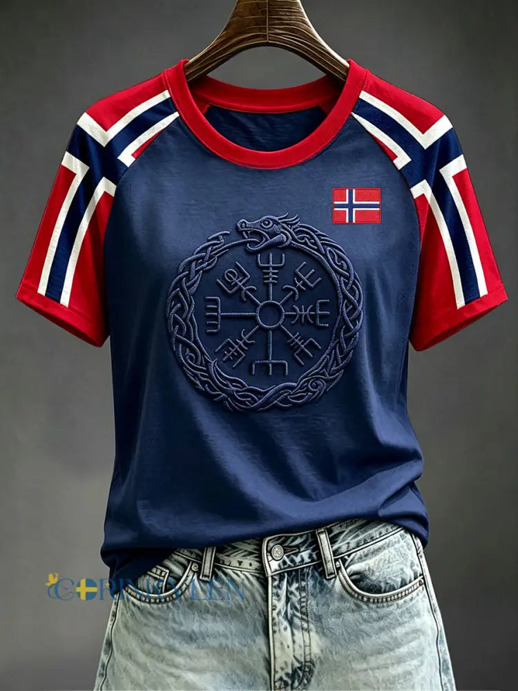 Kvinnor Viking Vegvisir Norge Flag Print Rund hals Kort ärm T-shirta - djupblåa / S