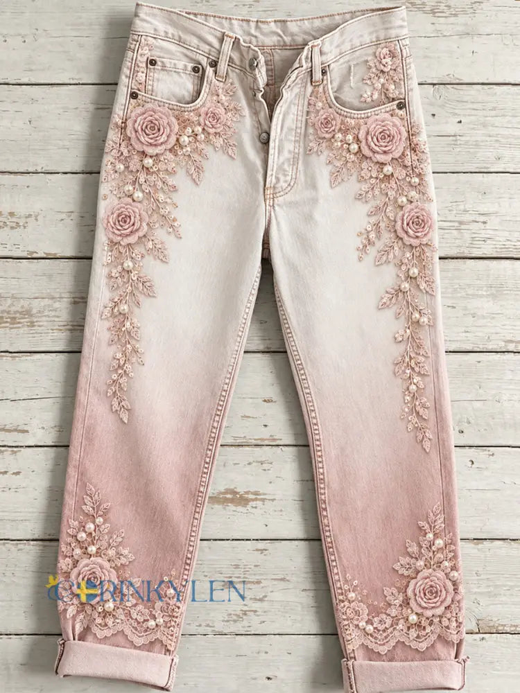 Kvinnors blomma Konst Print Jeans - runk / S