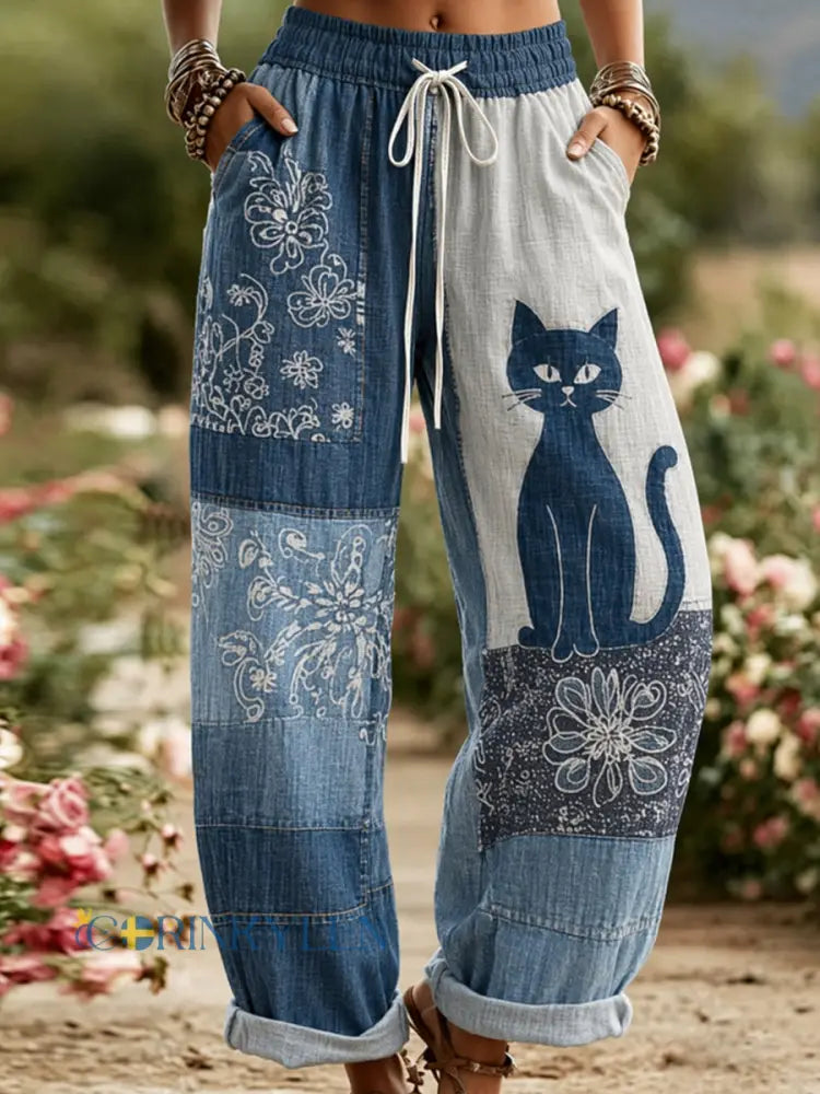 Kvinnors blomsterkatt Print Casual byxor - blå / S