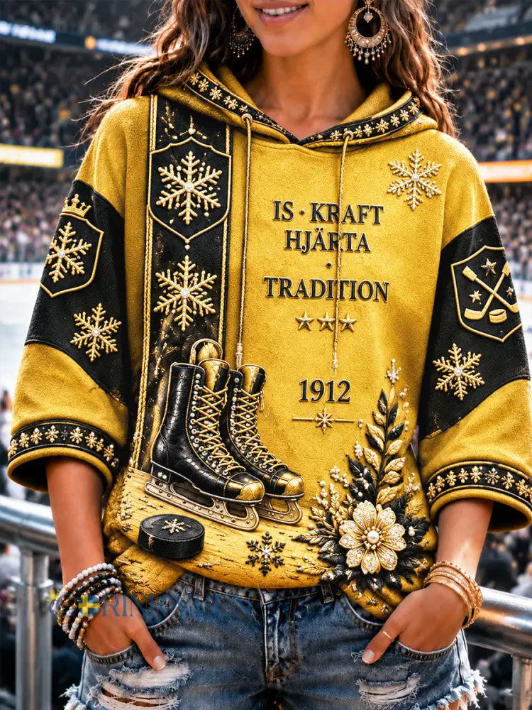 Kvinnors Brynäs IF Svensk Ishockey Patchwork Skriv ut Casual Hooded Sweatshirt - gul / S