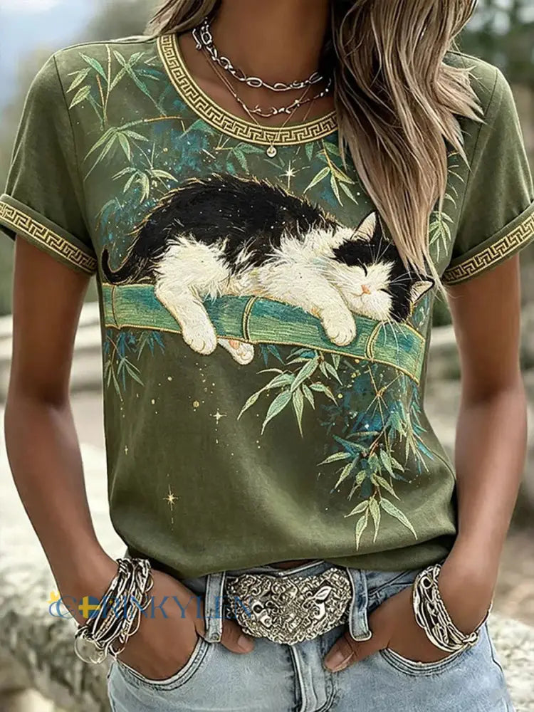 Kvinnors Casual T-shirt med katt och djur broderier & tryckt - som bild / S