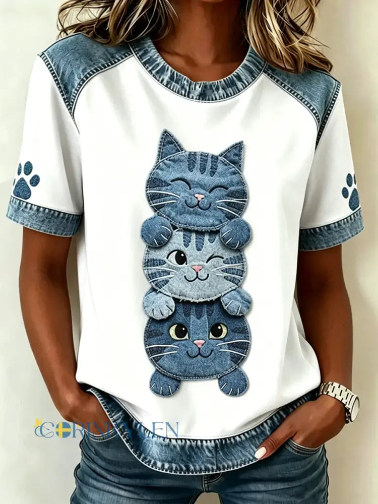Kvinnors djur katt tryckt Vintage Fashion Loose kort ärm T-shirt - vitt / S