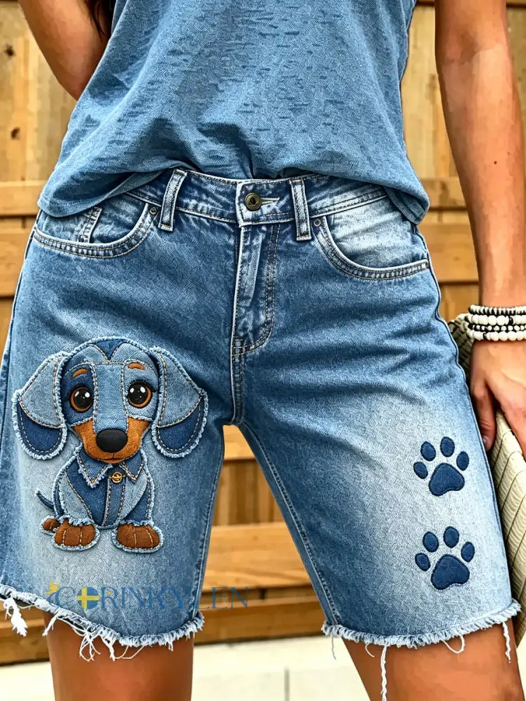 Kvinnors djurhund Konsttryckt Short Jeans - blå / S