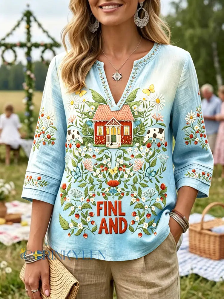 Kvinnors finländska midsommar Floral Logg stuga Skriv ut Casual V-hals T-shirt - blå / S
