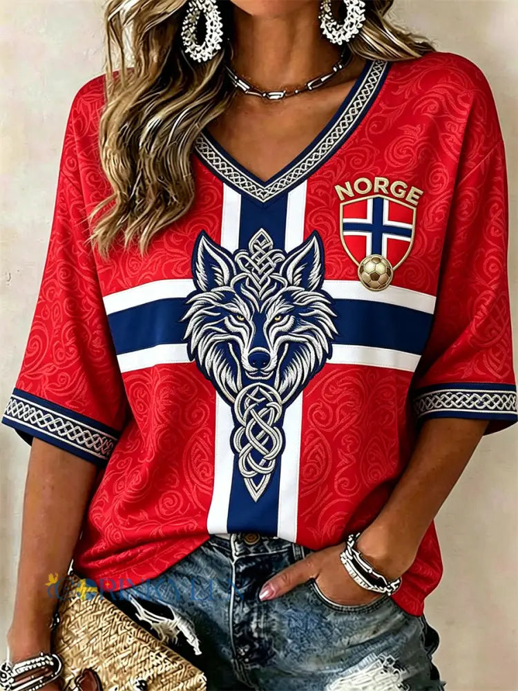 Kvinnors fotboll Viking Celtic Wolf Flag Färgblock Skriv ut mitt längd ärmar V-hals T-shirt - röd / S