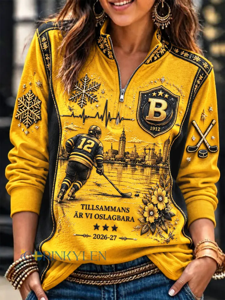 Kvinnors gul Brynäs IF Svensk ishockey Tryckt Zip-Up Hoodie IF - gul / S