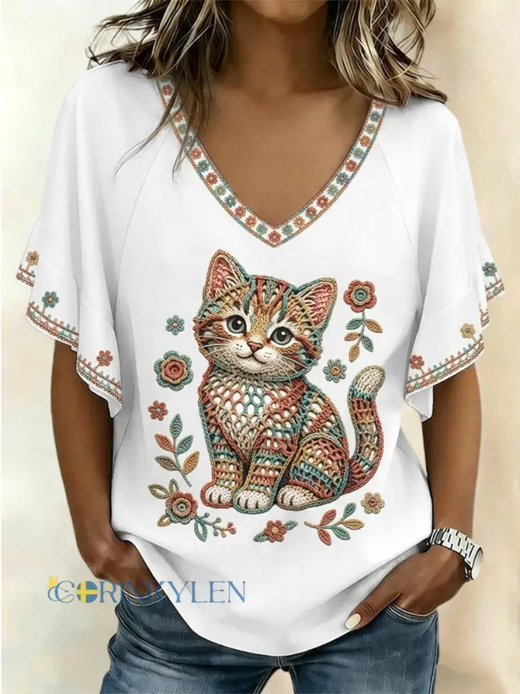 Kvinnors katt konst korta ärmar T-shirt - som bild / S
