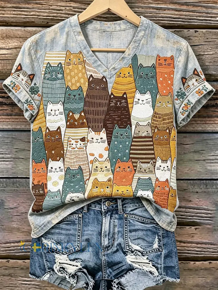 Kvinnors katt konst Print Casual T-shirt - som bild / S