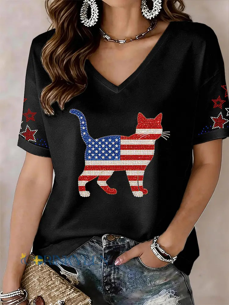 Kvinnors katt Rhinestone mönster V-hals T-shirt - svart / S