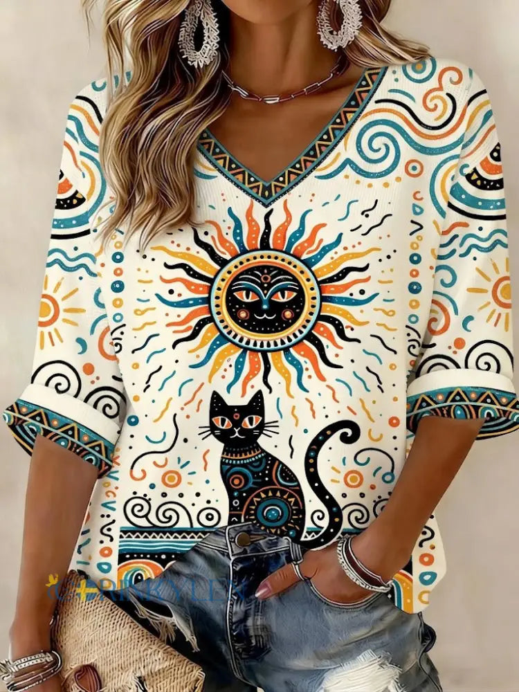 Kvinnors katt tryckt med längd ärmar V-hals T-shirt - som bild / S