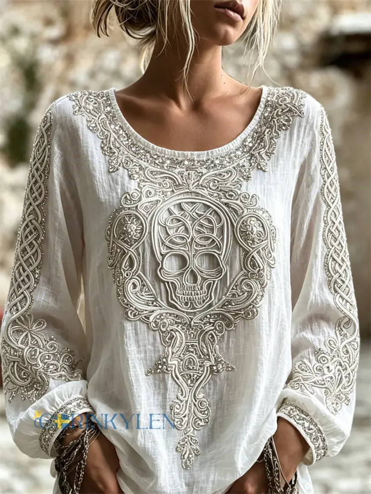 Kvinnors klass keltiska Skull Viking keltisk knop Prnt bomull-Linen tröj - vitt / S