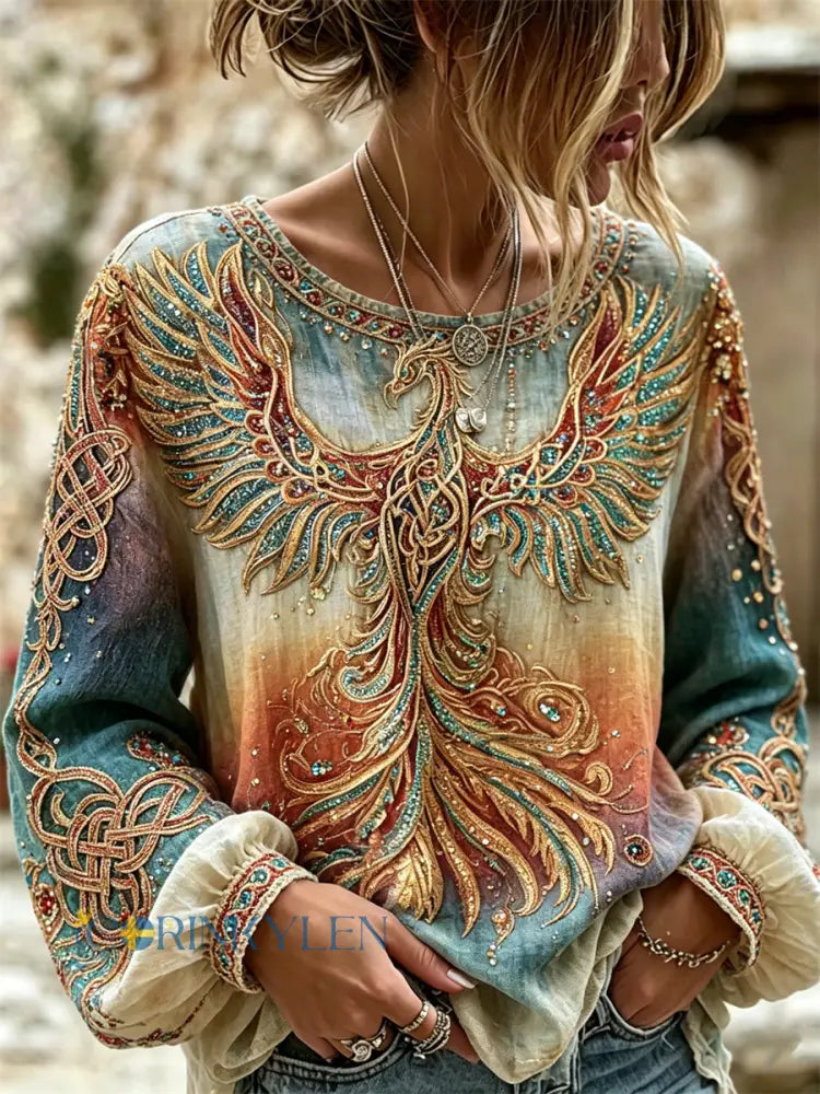 Kvinnors klass Vintage Phoenix Konst Celtic Print Gradient Bomull-Linen skjorta - oräng / S