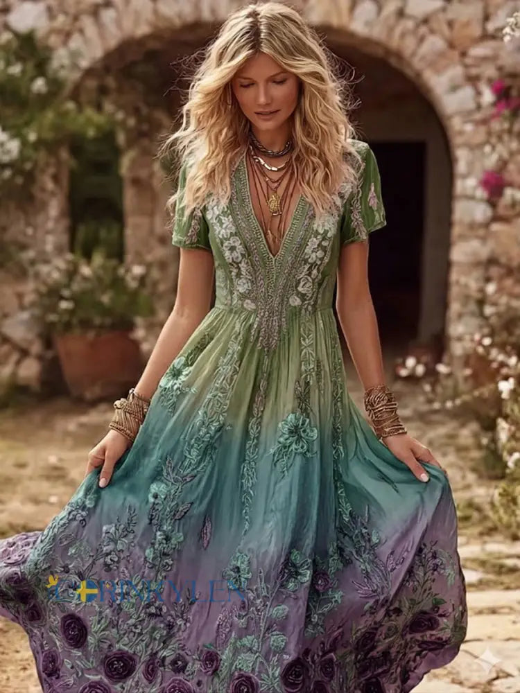 Kvinnors klassificerande lila blomsterkonst Gradient Print V hals Flowy Maxi klänning - mörkt / S