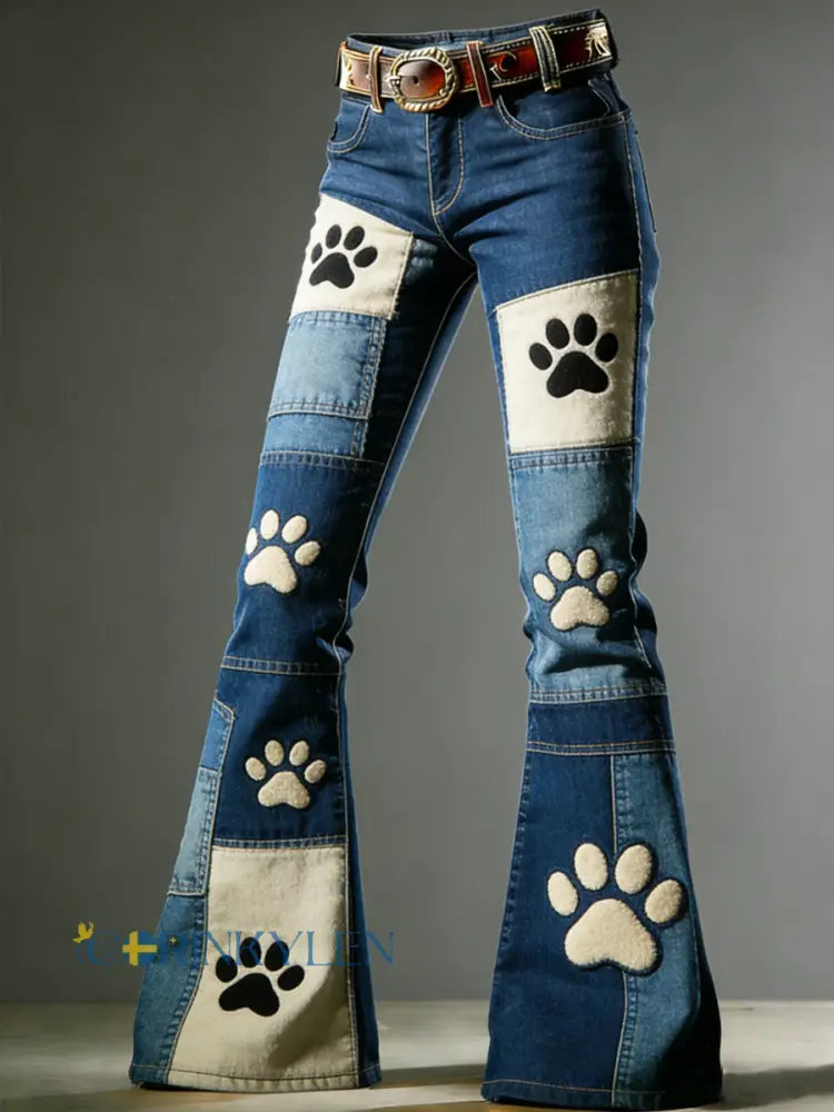 Kvinnors konst Dog Paw Print Fladerade byxor - blå / S