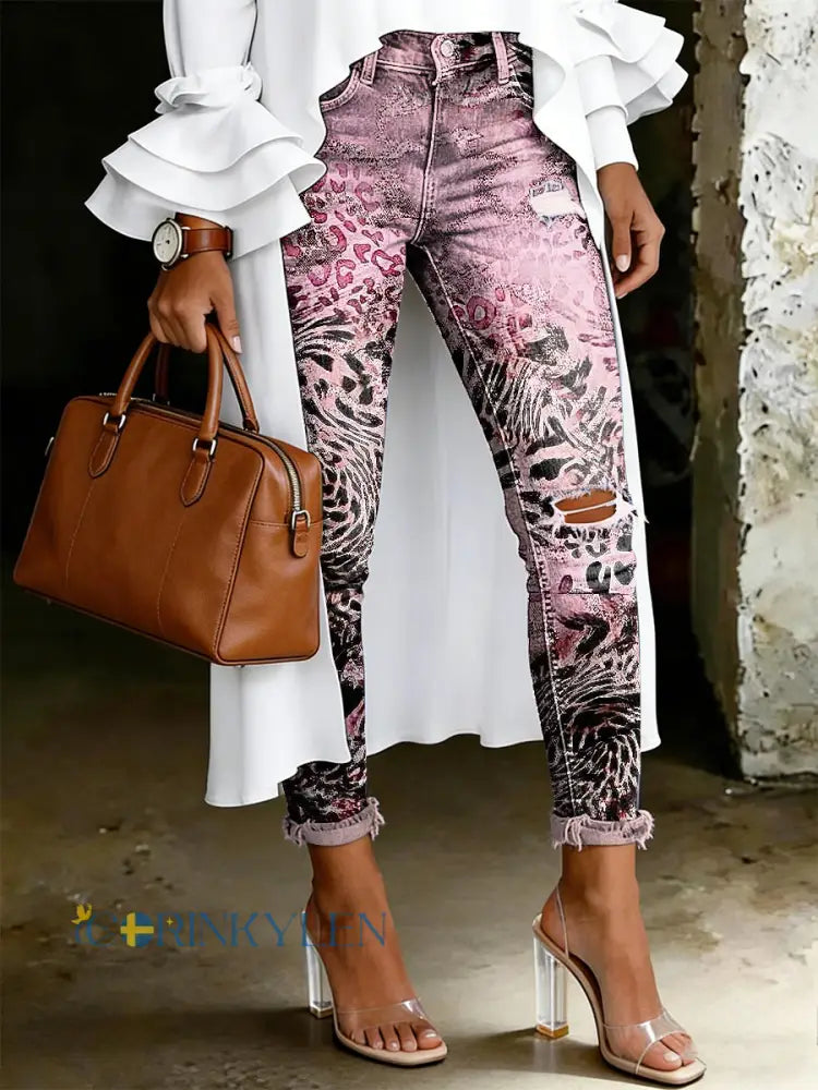 Kvinnors konstnärliga blomster Print Jeans - runk / S