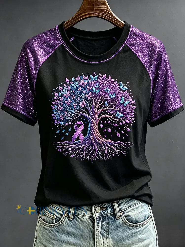 Kvinnors lila band träd Glitter Konst Skriv ut rund hals kort ärm T-shirta - svart / S