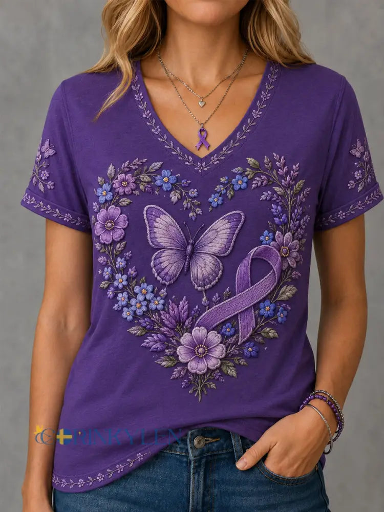 Kvinnors lila blomster och fjäril Print Alzheimers medvetenhet Stöd V-Neck Tee - mörkt / S