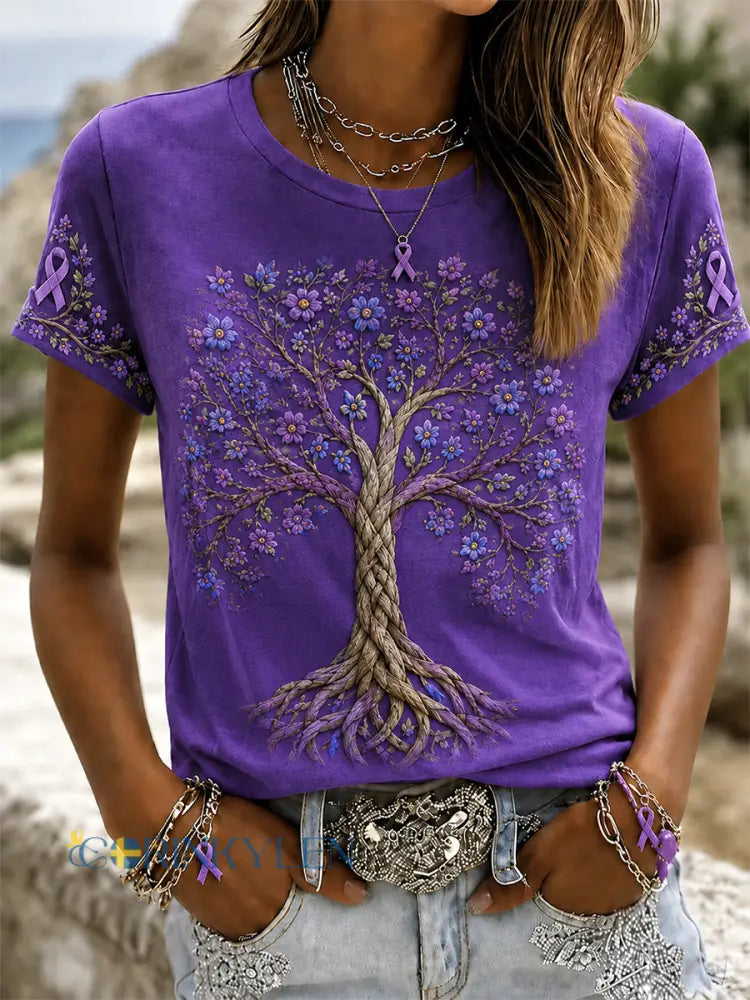 Kvinnors lila blomster Print Alzheimers medvetenhet Support Tee - mörkt / S