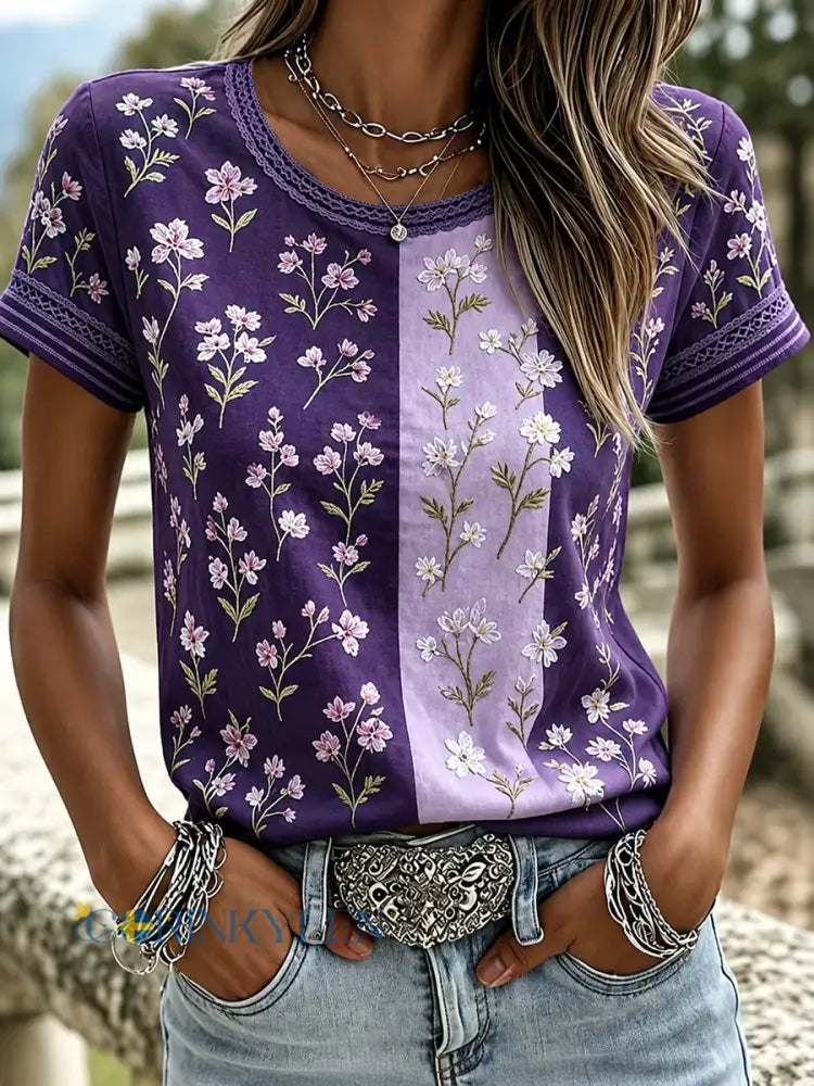 Kvinnors lila Flora Konst Tryckt T-shirt - som bild / S