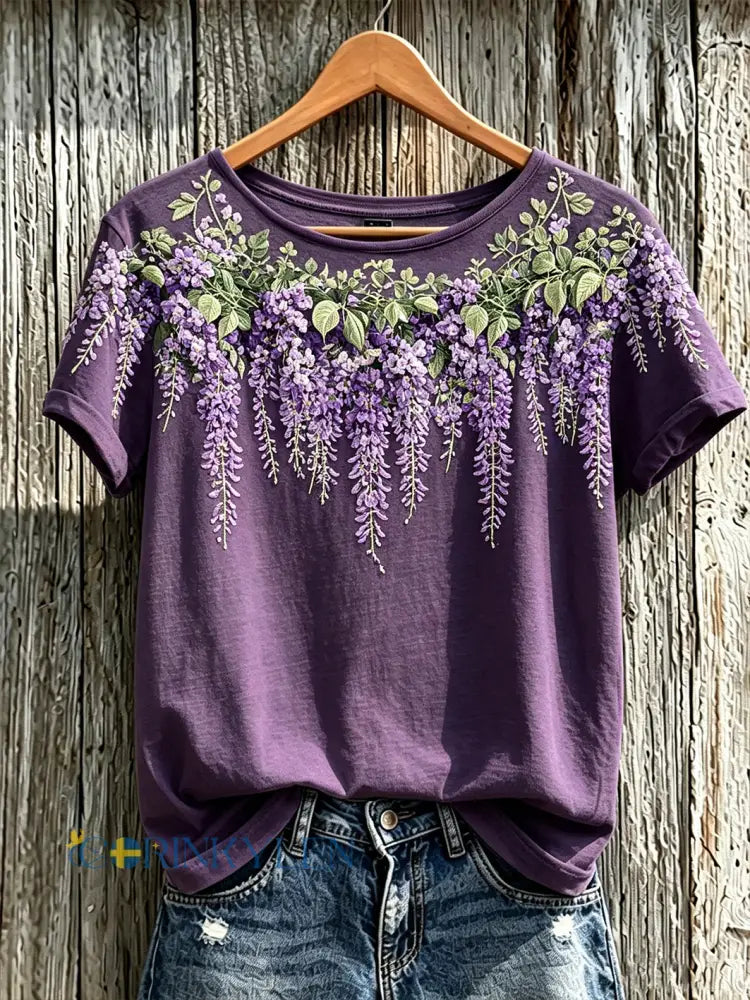 Kvinnors lila växt blomma mönster Tryckt Casual Short-Sleeved T-shirt - djup purpura / S