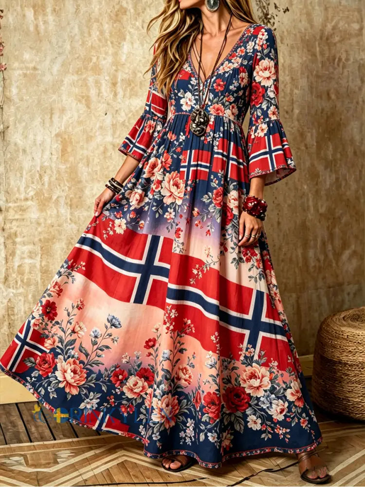 Kvinnors Nordic Scandinavian Style Floral Art Printed V-hals klänning med fickor - som bild / S