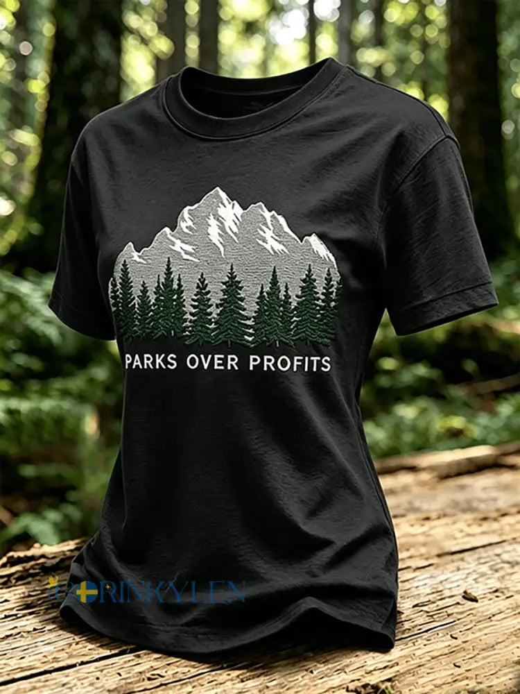 Kvinnors parker över vinst tryckt Casual T-shirt - svart / S