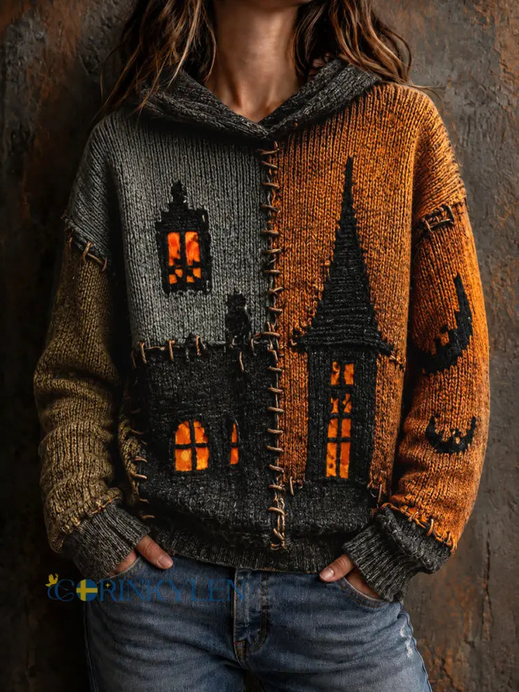 Kvinnors Retro Halloween slott Patchwork Hoodie. - som bild / S