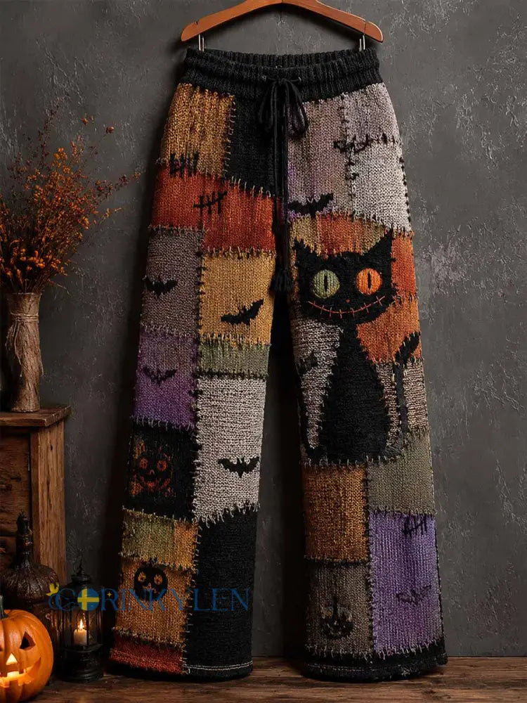 Kvinnors Retro Halloween svarta katt mönster Sticka byxor - som bild / S