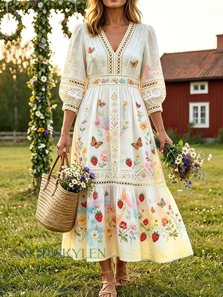 Kvinnors Retro midsommar fjäril-Print bomull-Linen semester klänning - flerlog / S