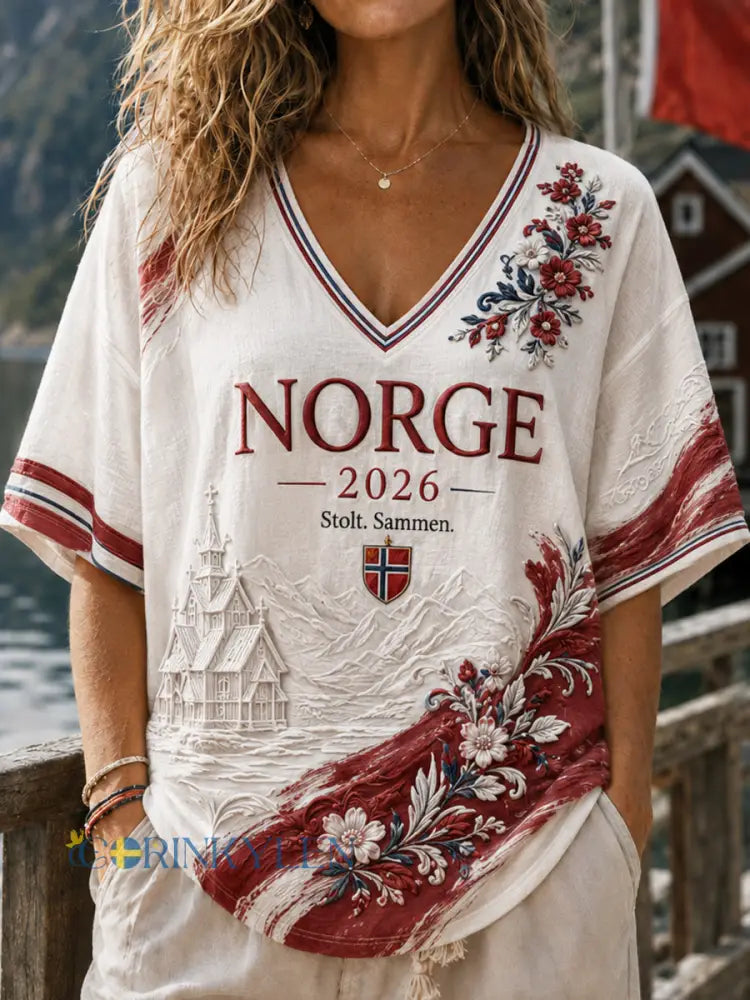 Kvinnors Retro norska fotboll Floral Art V-Hack T-shirt - som bild / S